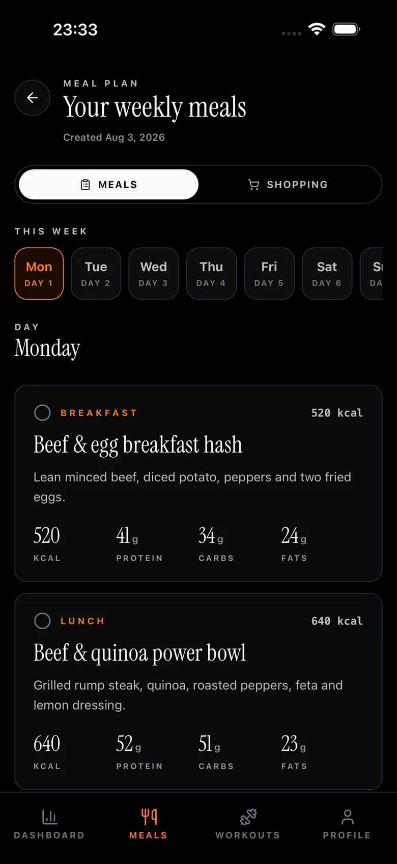 The weekly meal plan in the HEUMIN app, with each day’s meals and their macros