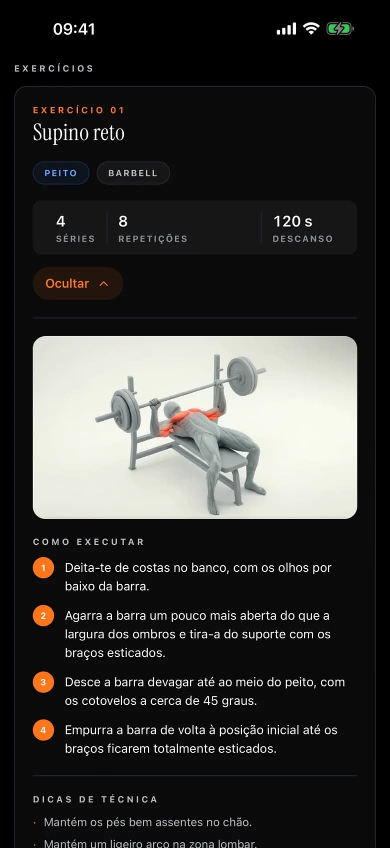 Um exercício aberto na app HEUMIN: séries, repetições, descanso, a demonstração e os passos