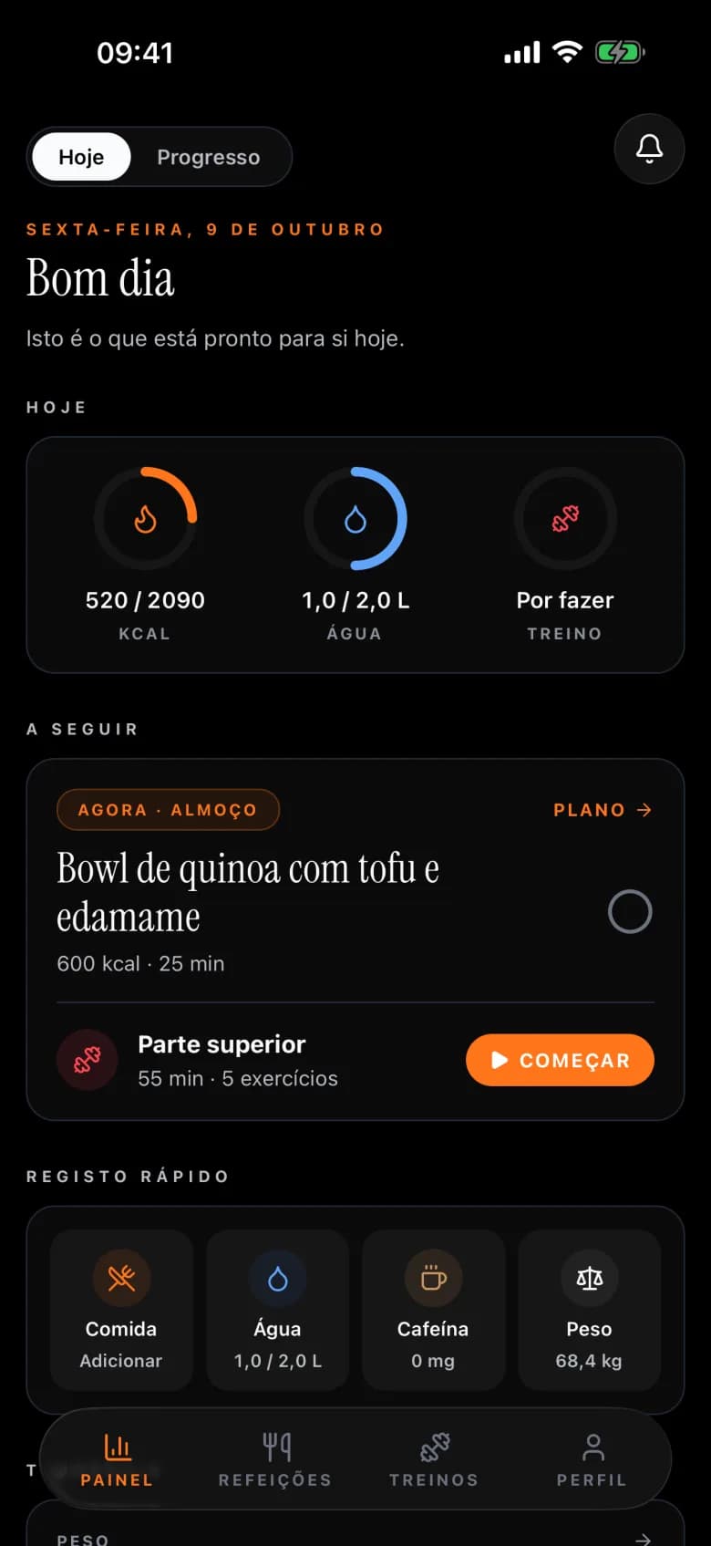 O painel da app HEUMIN com a meta de calorias de hoje, a próxima refeição e o treino do dia