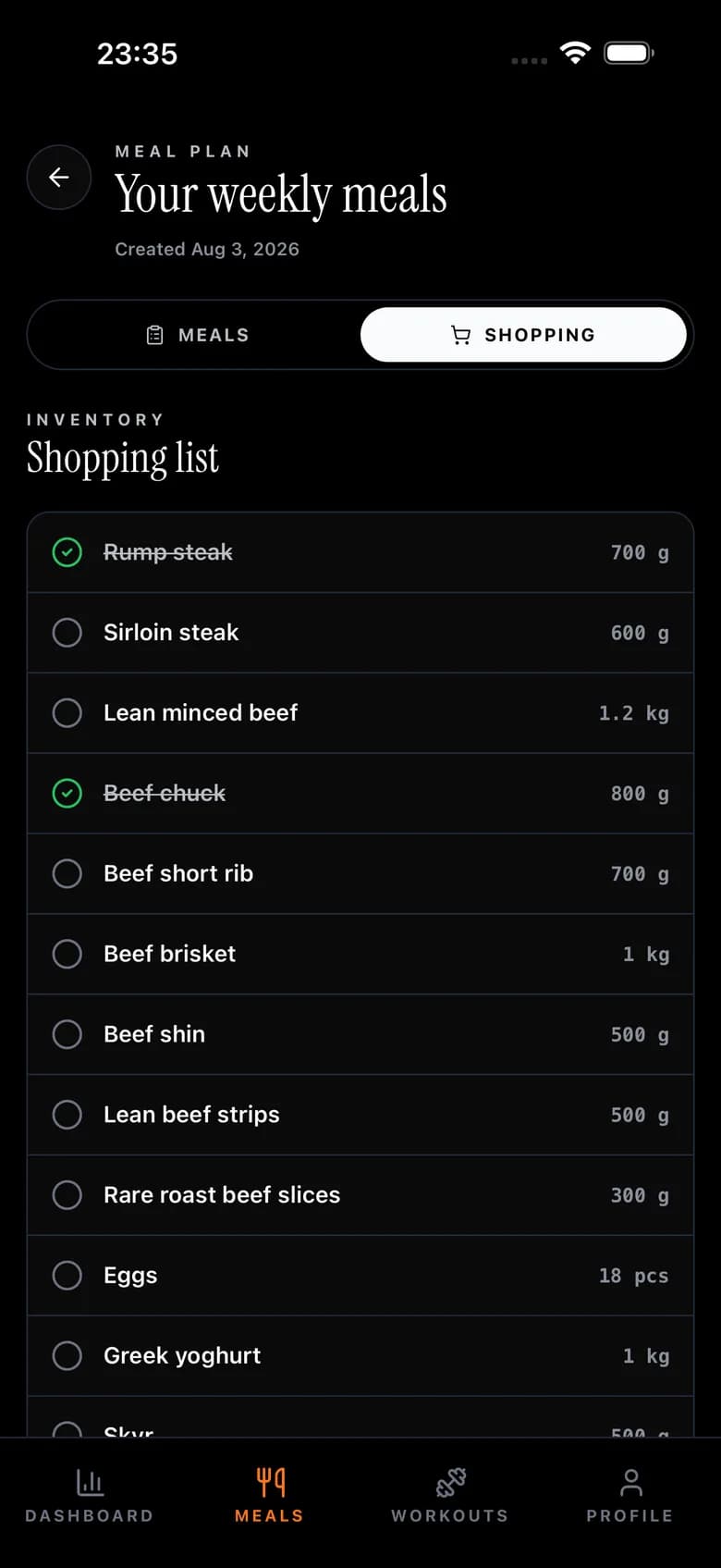 A lista de compras da HEUMIN, com quantidades exatas e itens marcados